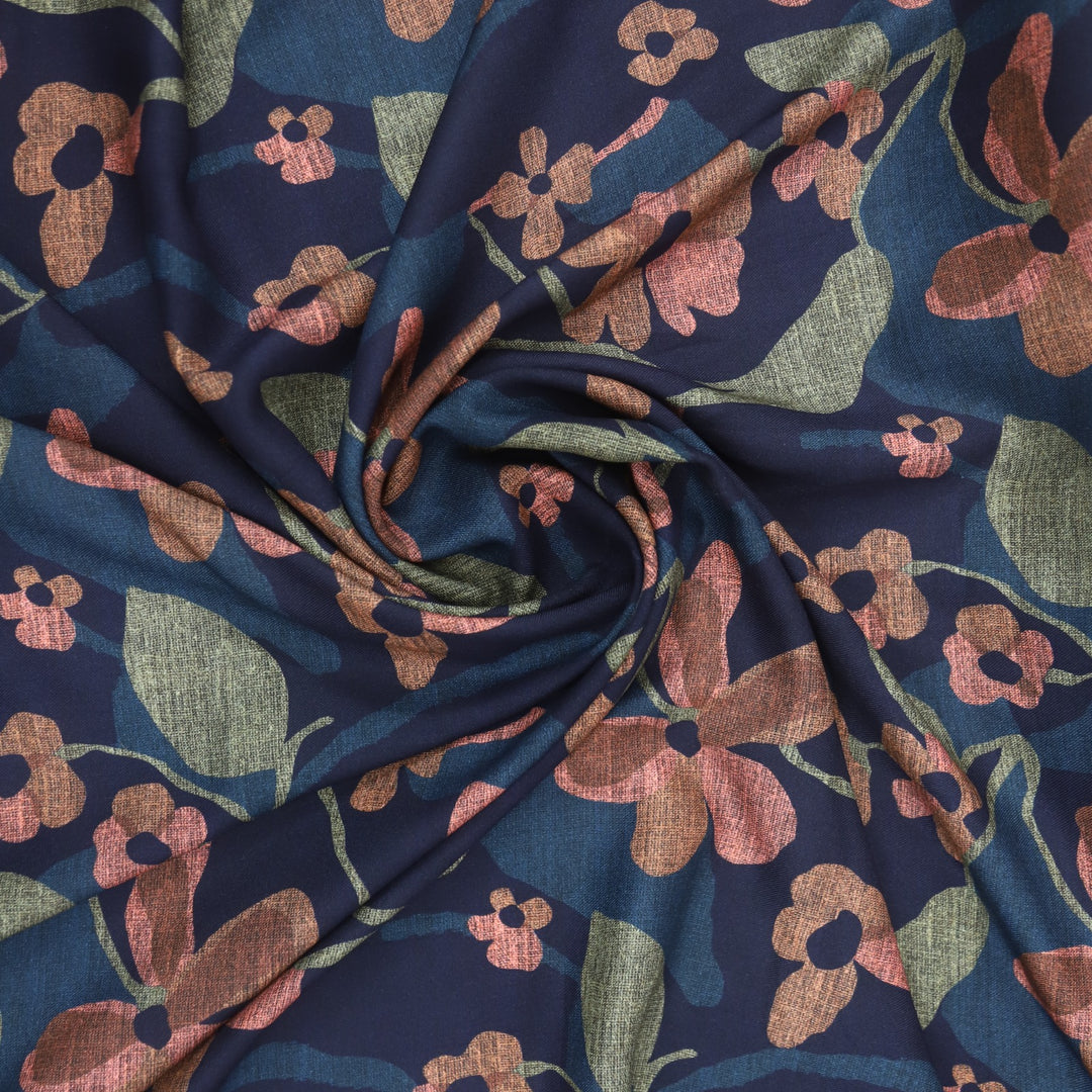 Makhmal Navy Blue Floral Printed Premium Semi Pashmina Fabric-2.5 Mtr