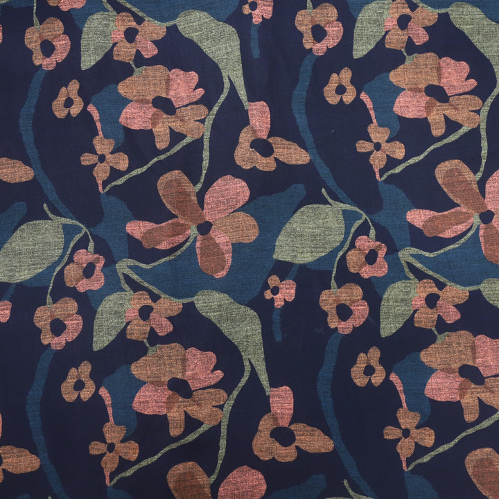 Makhmal Navy Blue Floral Printed Premium Semi Pashmina Fabric-2.5 Mtr