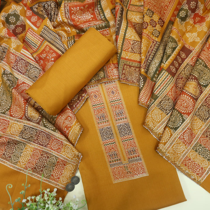 Shokhiyon Dijon Yellow Weaved Semi Pashmina Suit Set