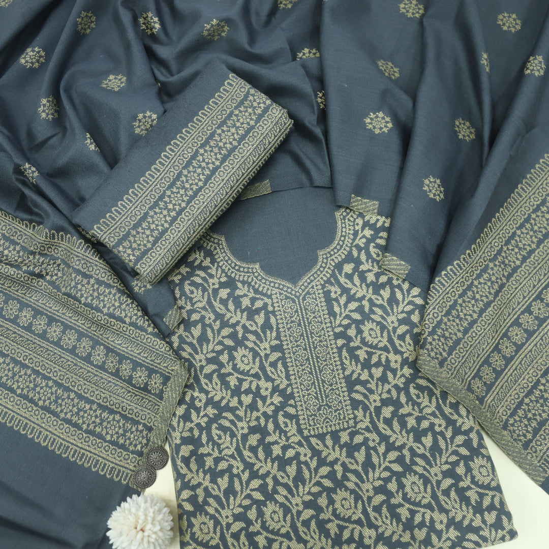 Deewani Fossil Grey Zari Weaved Semi Pashmina Suit Set