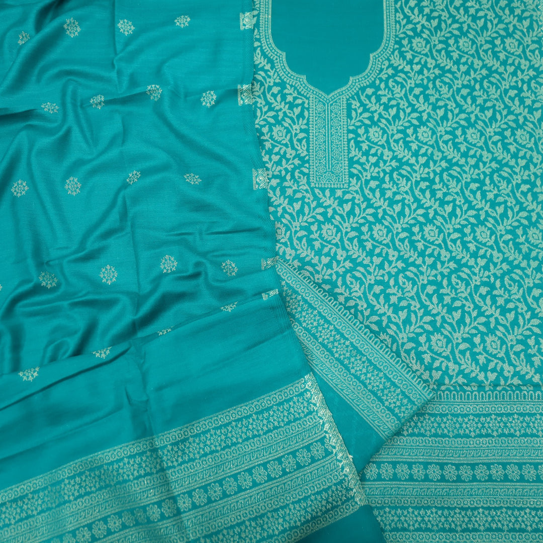 Deewani Teal Blue Zari Weaved Semi Pashmina Suit Set