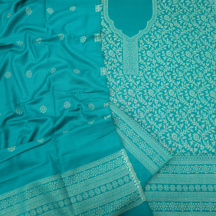 Deewani Teal Blue Zari Weaved Semi Pashmina Suit Set
