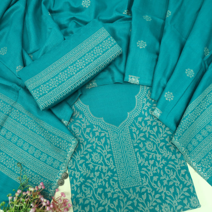 Deewani Teal Blue Zari Weaved Semi Pashmina Suit Set