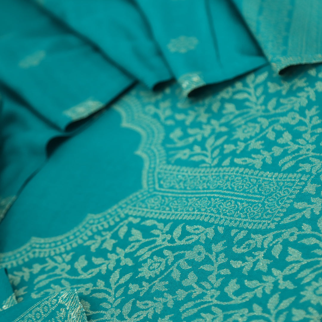 Deewani Teal Blue Zari Weaved Semi Pashmina Suit Set