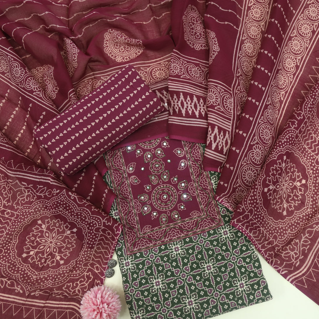 Sanak Forest Green Patra with Thread Work Ajrak Printed Cotton Suit Set