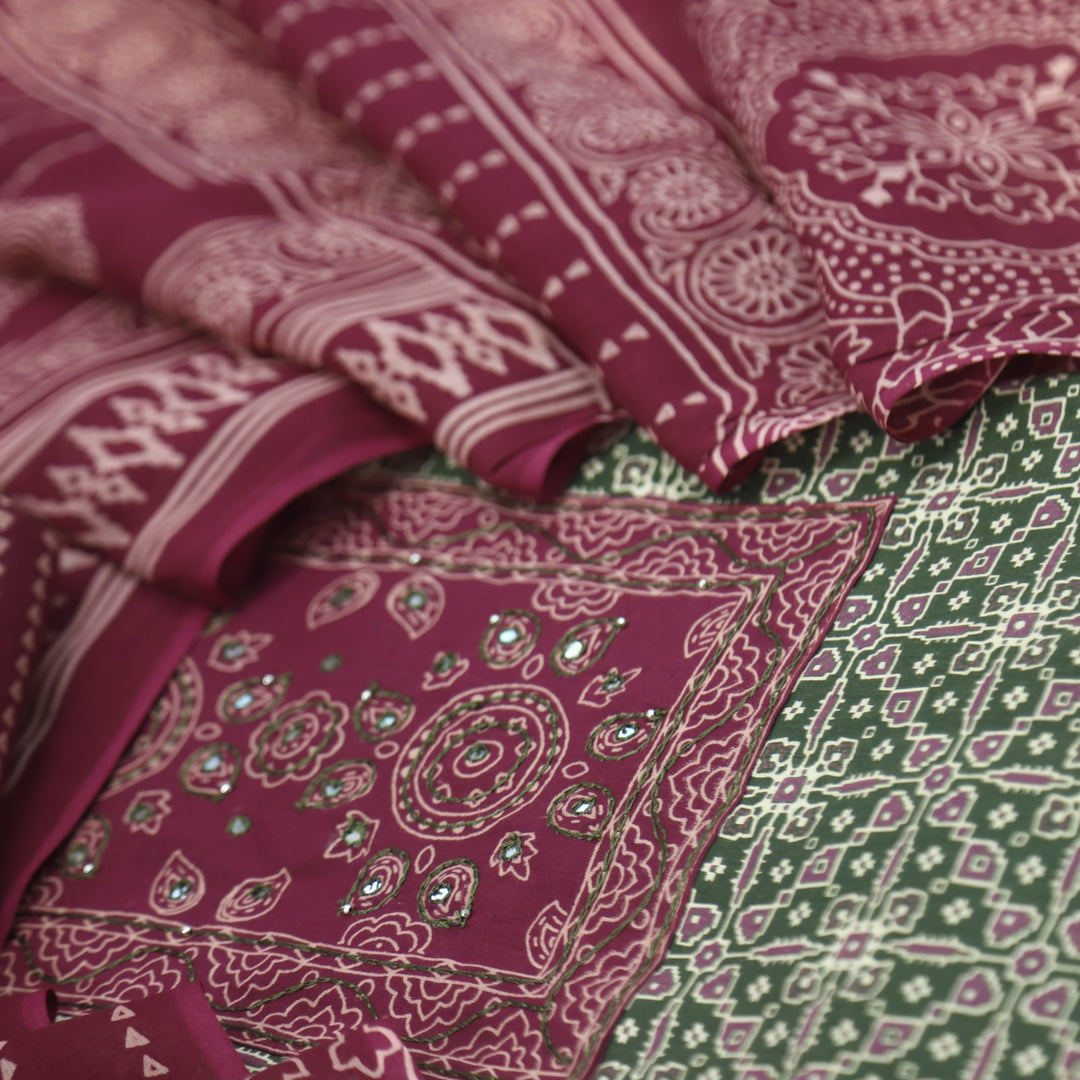 Sanak Forest Green Patra with Thread Work Ajrak Printed Cotton Suit Set