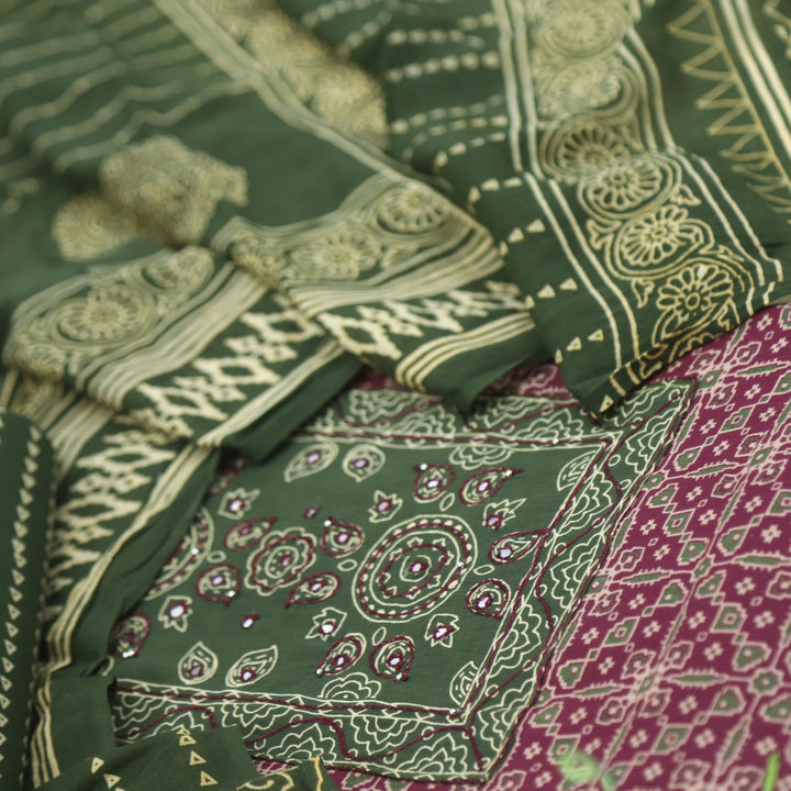 Sanak Rouge Pink Patra with Thread Work Ajrak Printed Cotton Suit Set