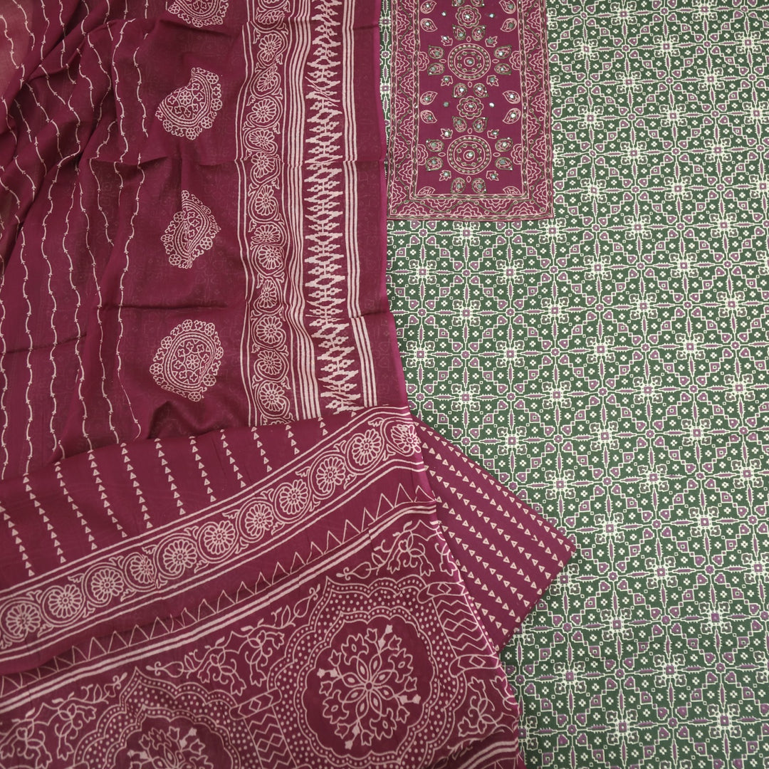 Sanak Forest Green Patra with Thread Work Ajrak Printed Cotton Suit Set