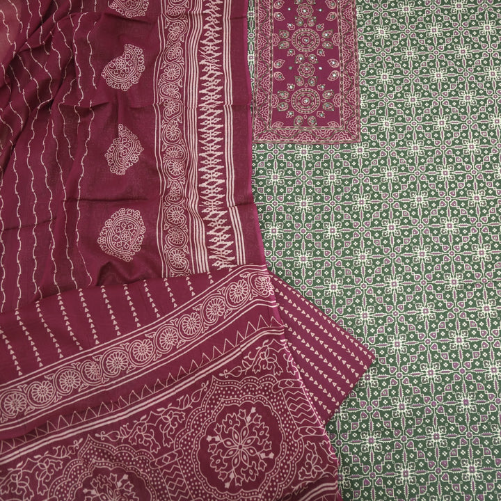 Sanak Forest Green Patra with Thread Work Ajrak Printed Cotton Suit Set