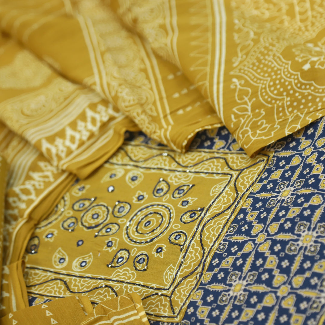 Sanak Space Blue Patra with Thread Work Ajrak Printed Cotton Suit Set