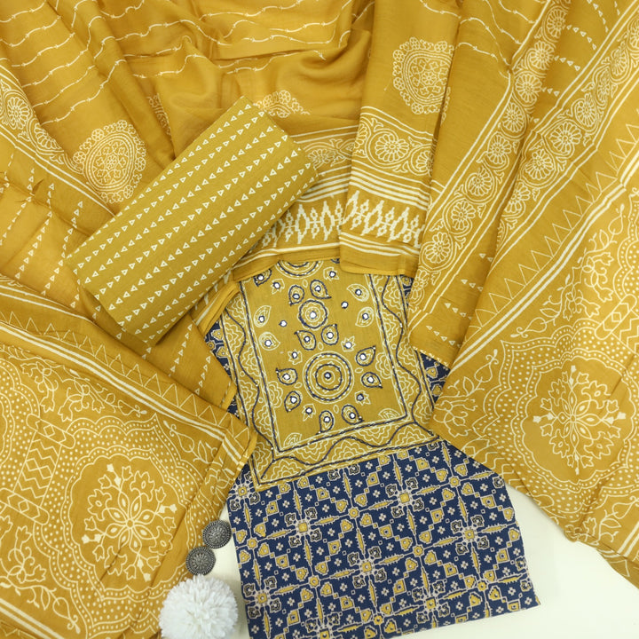 Sanak Space Blue Patra with Thread Work Ajrak Printed Cotton Suit Set