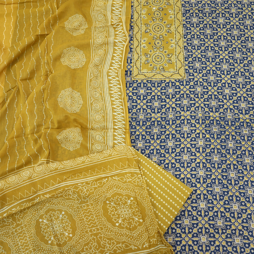 Sanak Space Blue Patra with Thread Work Ajrak Printed Cotton Suit Set