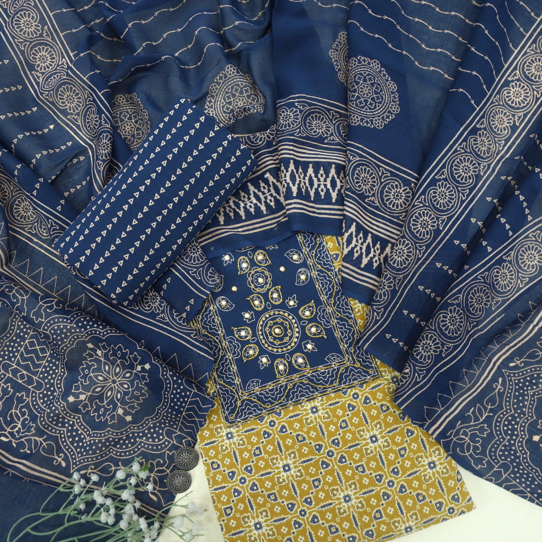 Sanak Mustard Yellow Patra with Thread Work Ajrak Printed Cotton Suit Set