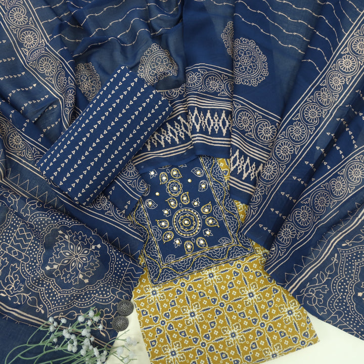 Sanak Mustard Yellow Patra with Thread Work Ajrak Printed Cotton Suit Set