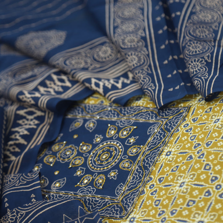 Sanak Mustard Yellow Patra with Thread Work Ajrak Printed Cotton Suit Set