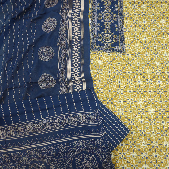 Sanak Mustard Yellow Patra with Thread Work Ajrak Printed Cotton Suit Set