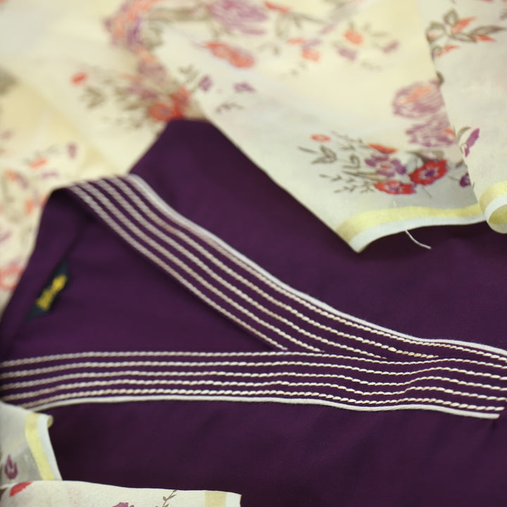 Satranga Eggplant Purple V neck Thread Work Premium Semi Pashmina Suit Set