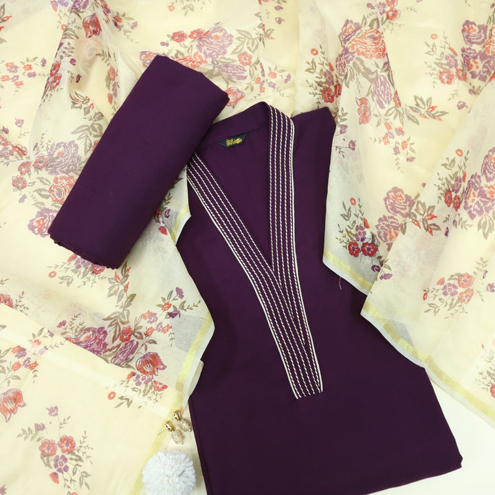 Satranga Eggplant Purple V neck Thread Work Premium Semi Pashmina Suit Set