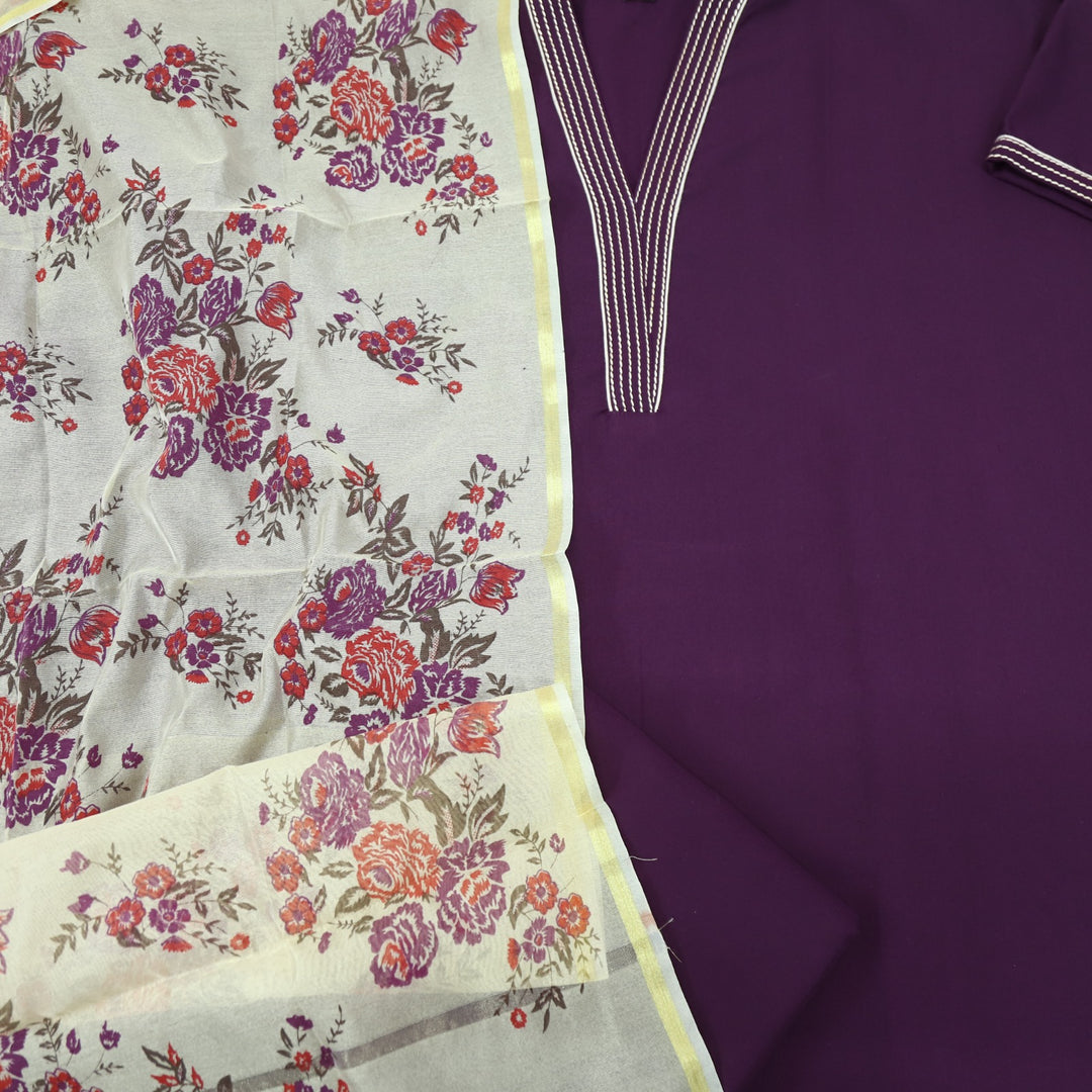 Satranga Eggplant Purple V neck Thread Work Premium Semi Pashmina Suit Set
