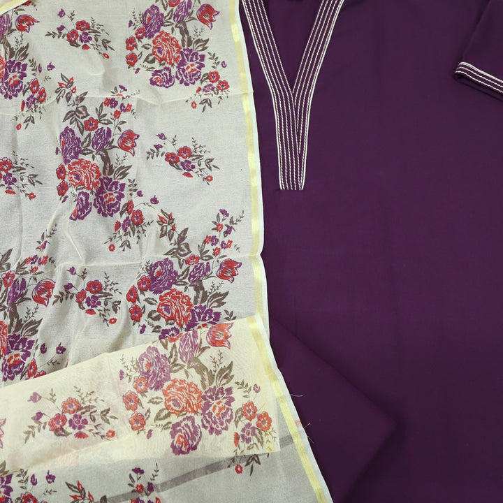 Satranga Eggplant Purple V neck Thread Work Premium Semi Pashmina Suit Set