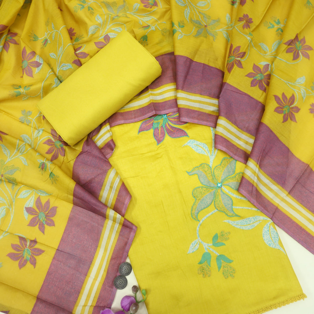 Deewana Sunflower Yellow Floral Print Thread Work Jam Cotton Satin Suit Set