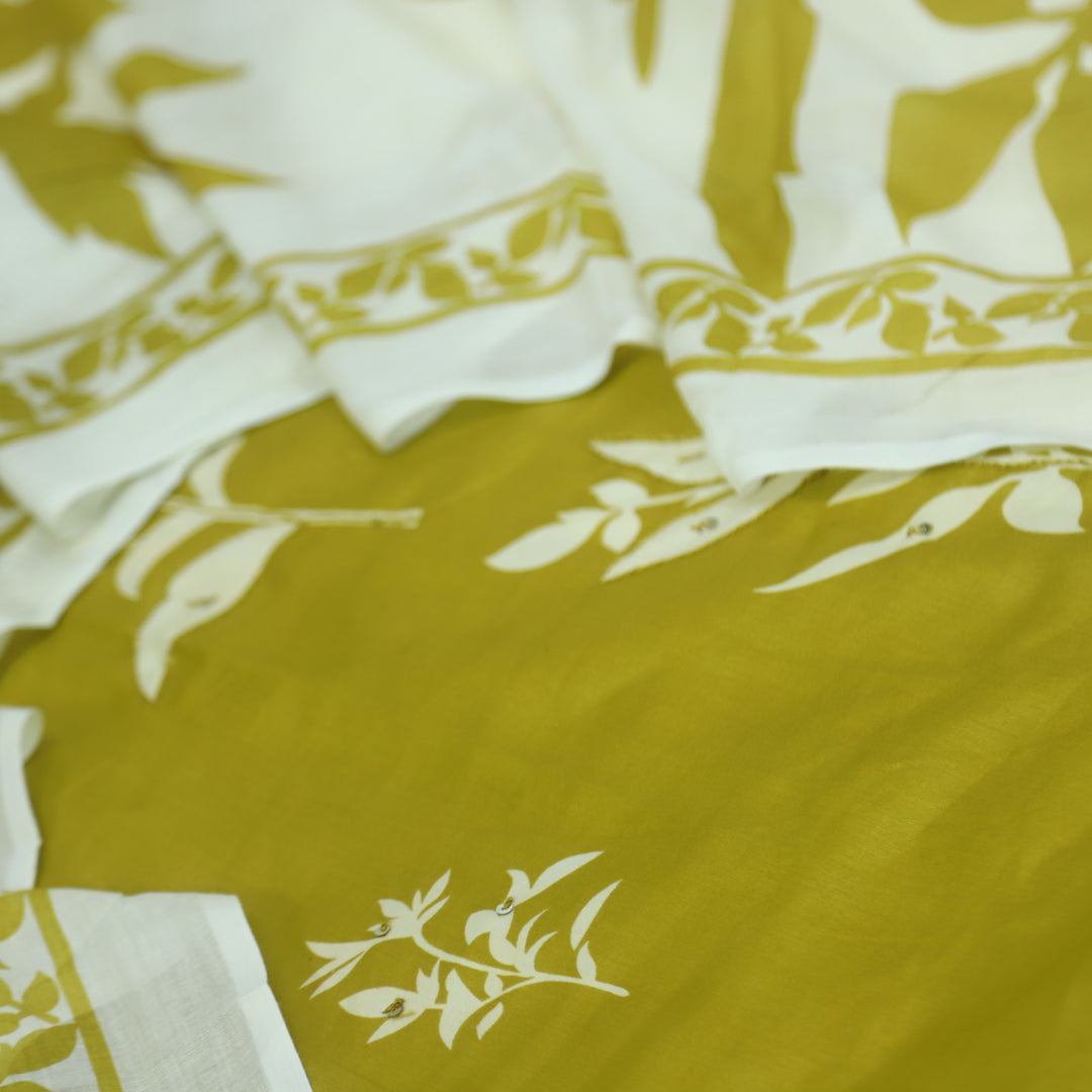 Jhumma Dijon Yellow Floral Print Thread Work Rayon Slub Cotton Suit Set