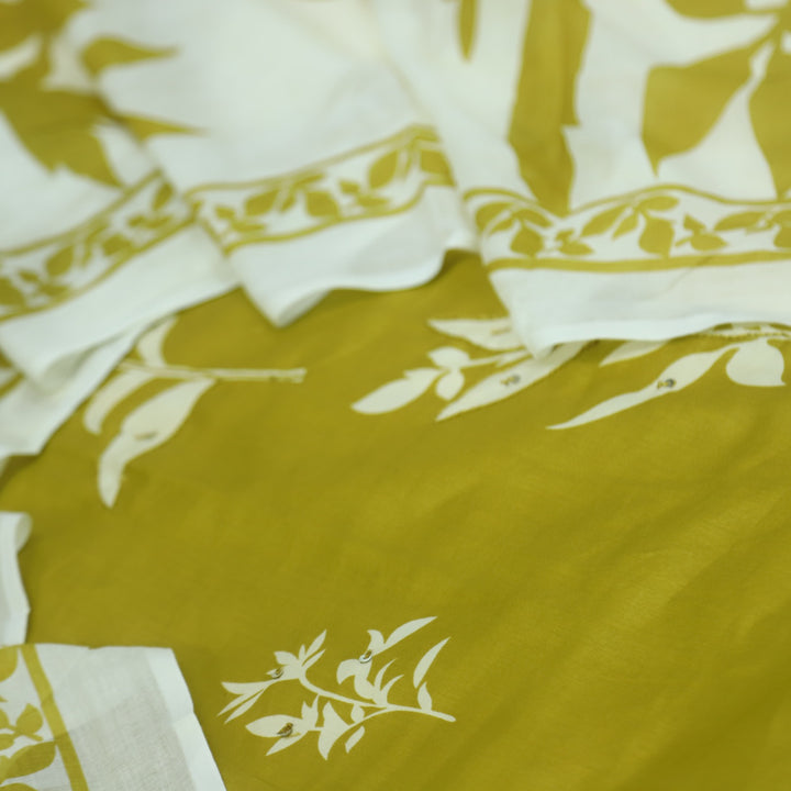 Jhumma Dijon Yellow Floral Print Thread Work Rayon Slub Cotton Suit Set