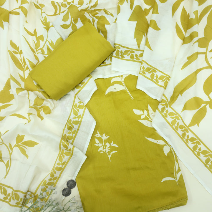 Jhumma Dijon Yellow Floral Print Thread Work Rayon Slub Cotton Suit Set