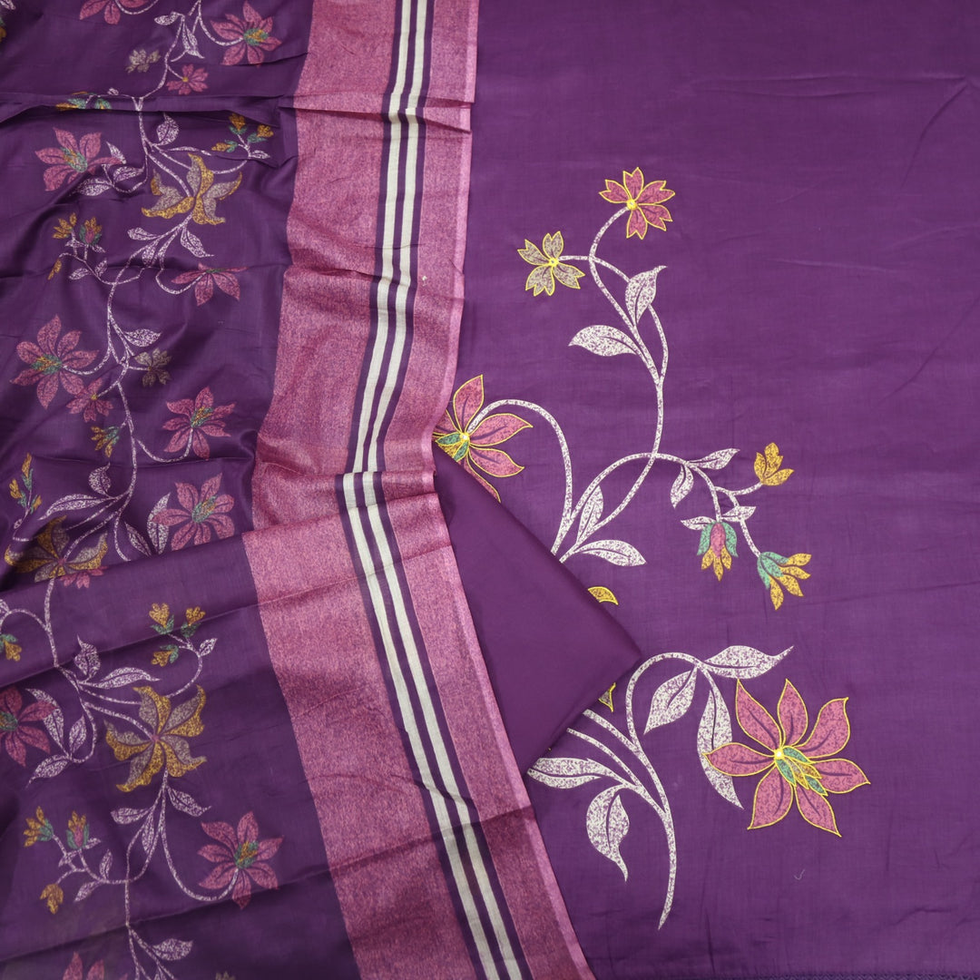 Deewana Eggplant Purple Floral Print Thread Work Jam Cotton Satin Suit Set