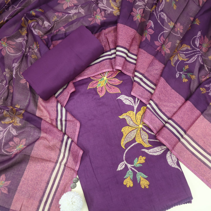 Deewana Eggplant Purple Floral Print Thread Work Jam Cotton Satin Suit Set