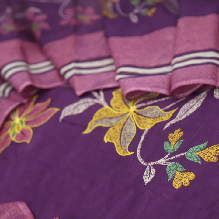 Deewana Eggplant Purple Floral Print Thread Work Jam Cotton Satin Suit Set