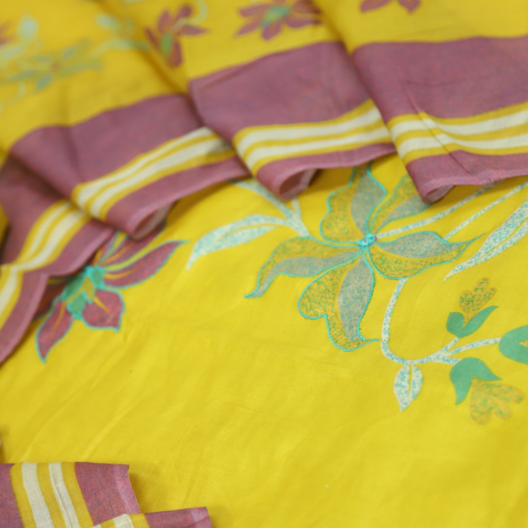 Deewana Sunflower Yellow Floral Print Thread Work Jam Cotton Satin Suit Set