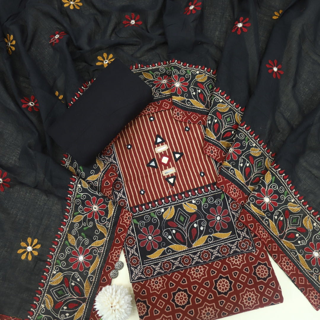 Mayra Cherry Red Kutch Mirror Neck Work Cotton Suit Set