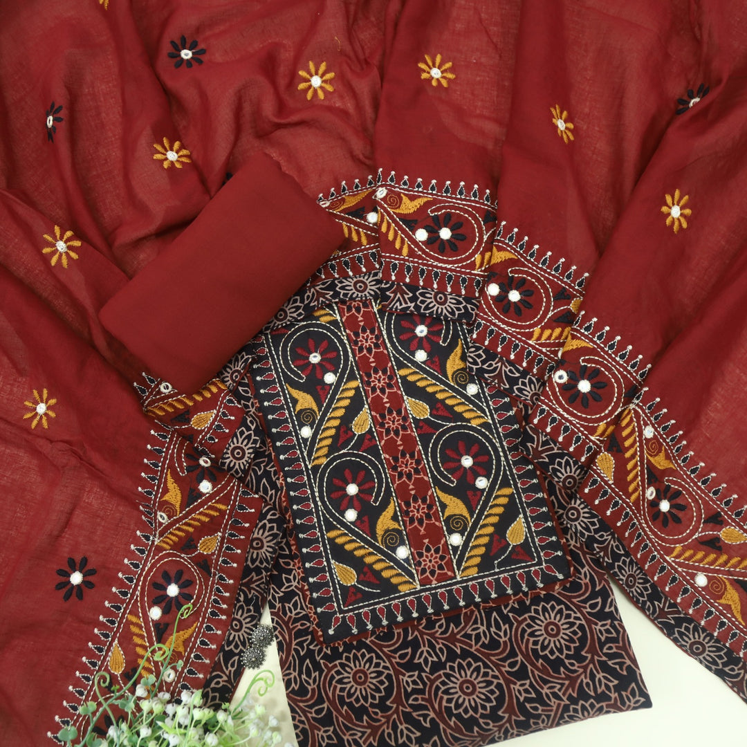 Mayra Raven Black Kutch Mirror Neck Work Cotton Suit Set