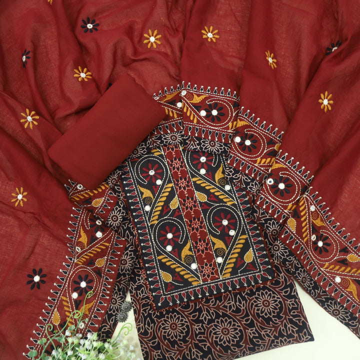 Mayra Raven Black Kutch Mirror Neck Work Cotton Suit Set