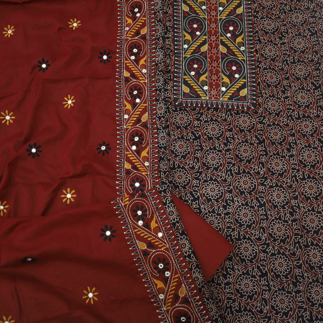 Mayra Raven Black Kutch Mirror Neck Work Cotton Suit Set