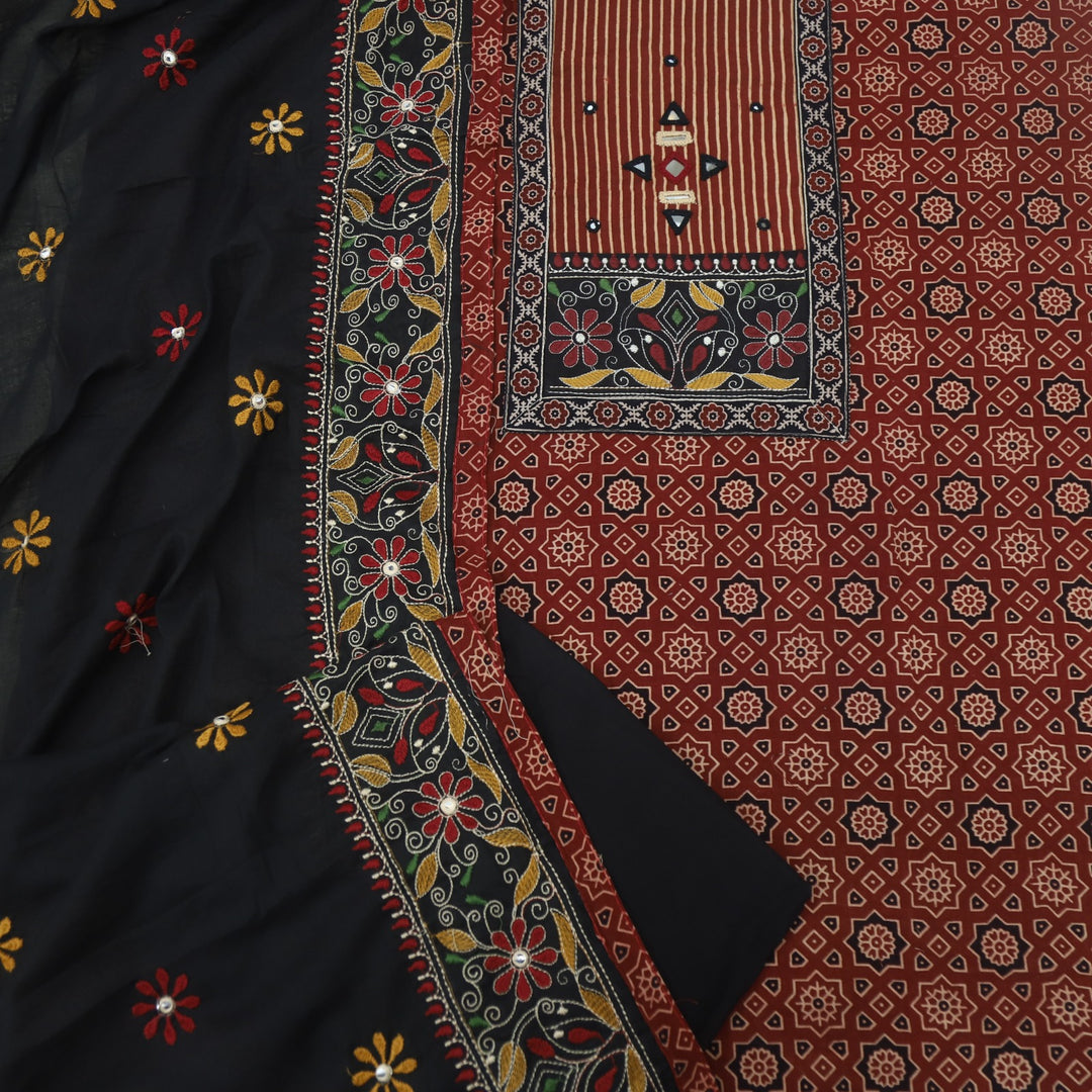 Mayra Cherry Red Kutch Mirror Neck Work Cotton Suit Set