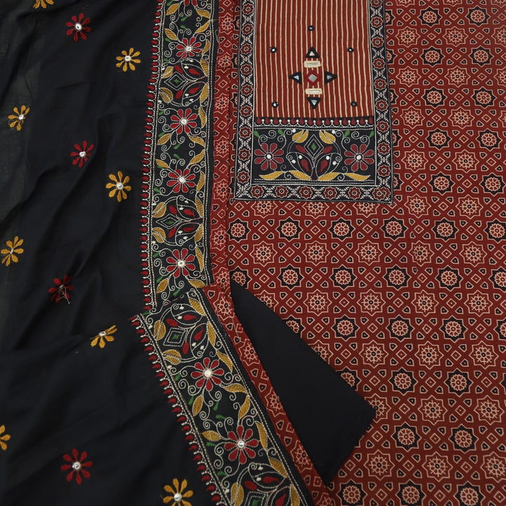 Mayra Cherry Red Kutch Mirror Neck Work Cotton Suit Set