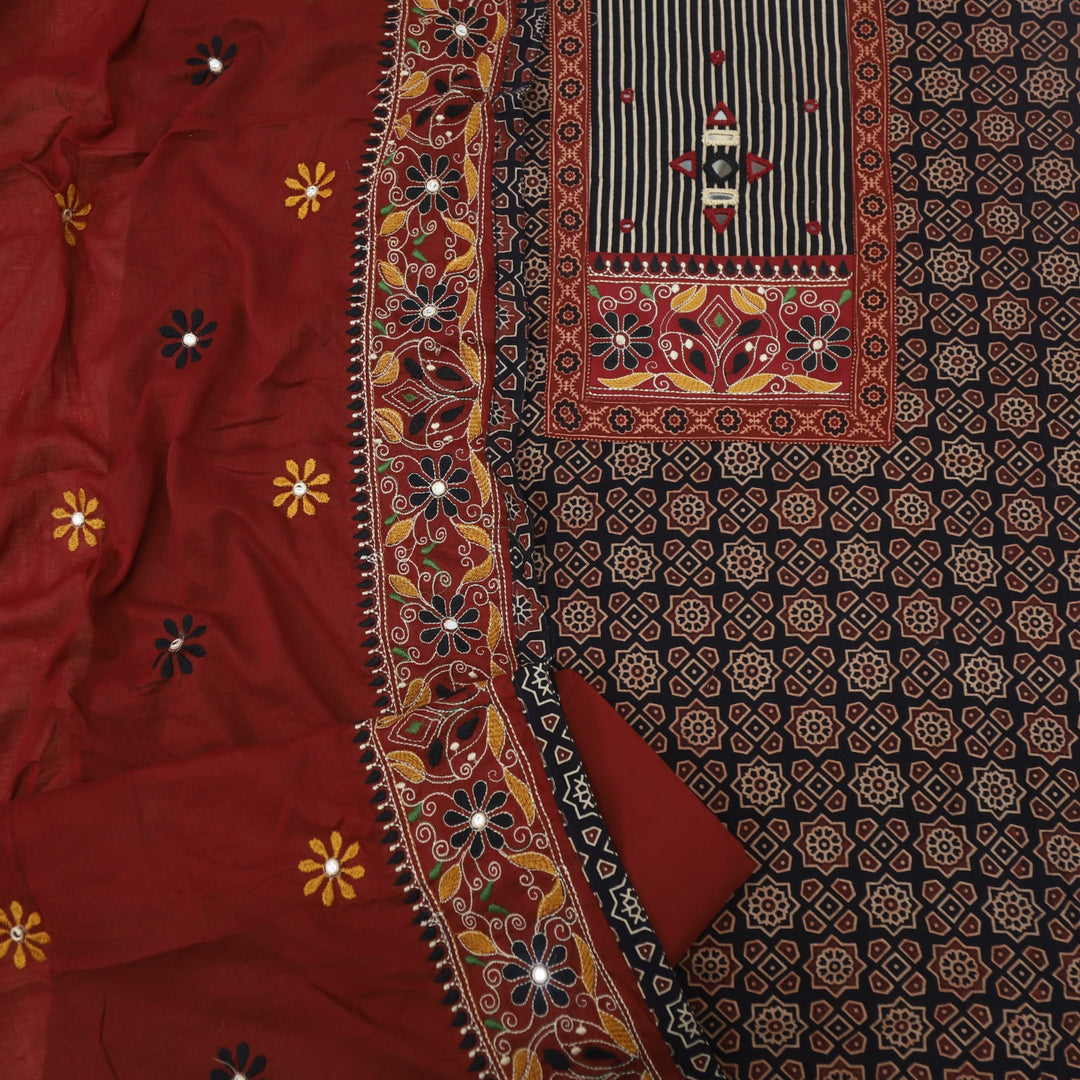 Mayra Crow Black Kutch Mirror Neck Work Cotton Suit Set