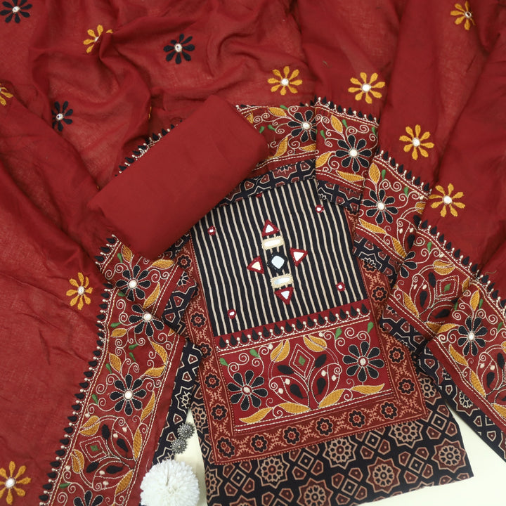Mayra Crow Black Kutch Mirror Neck Work Cotton Suit Set