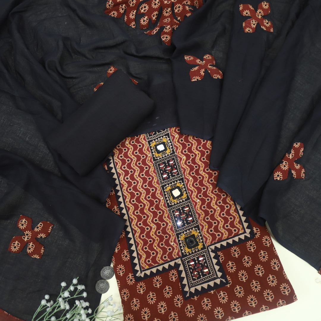 Mayra Lava Red Kutch Mirror Neck Work Cotton Suit Set
