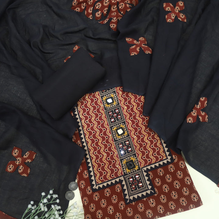 Mayra Lava Red Kutch Mirror Neck Work Cotton Suit Set