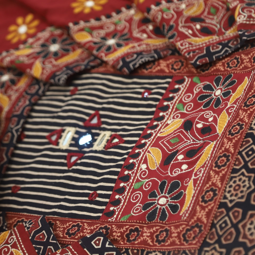 Mayra Crow Black Kutch Mirror Neck Work Cotton Suit Set