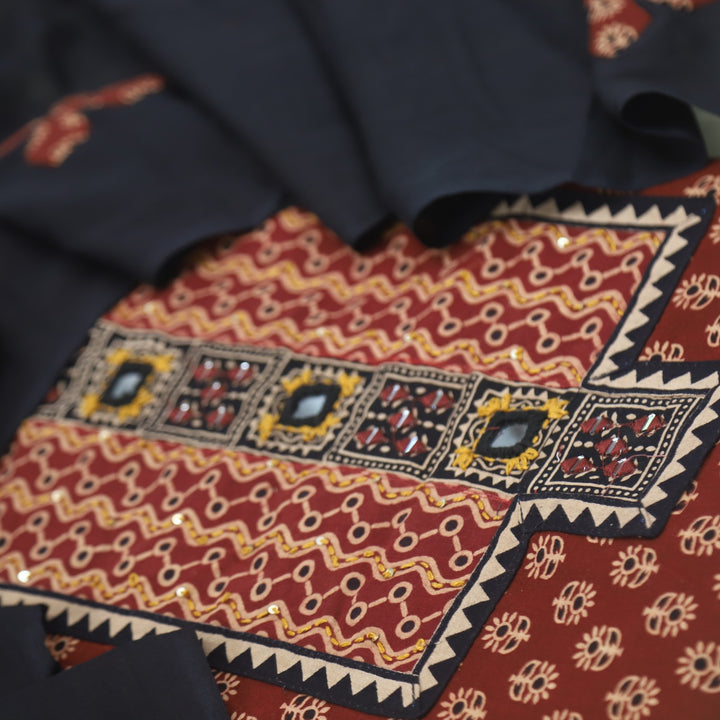 Mayra Lava Red Kutch Mirror Neck Work Cotton Suit Set