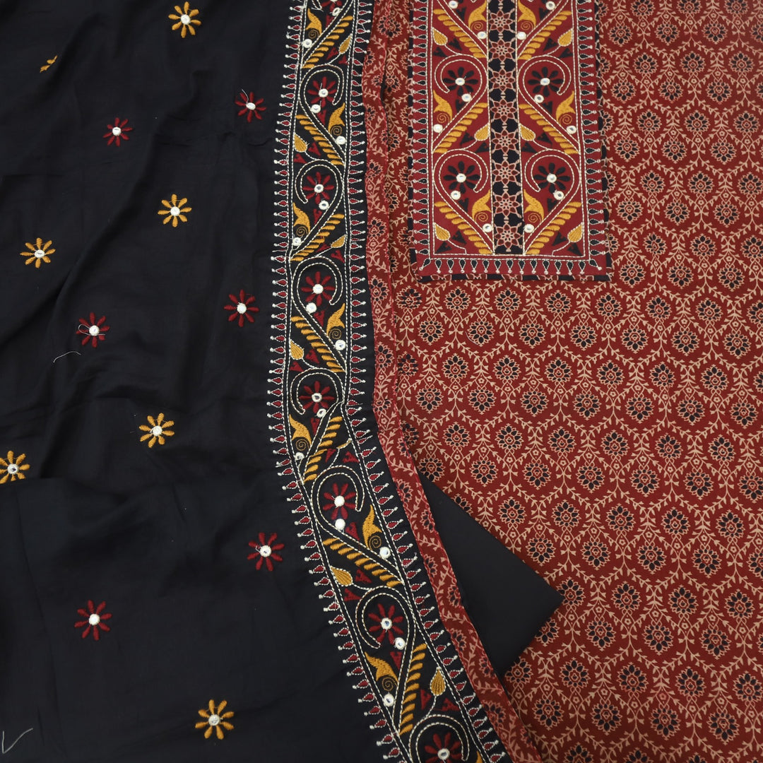 Mayra Burn Red Kutch Mirror Neck Work Cotton Suit Set