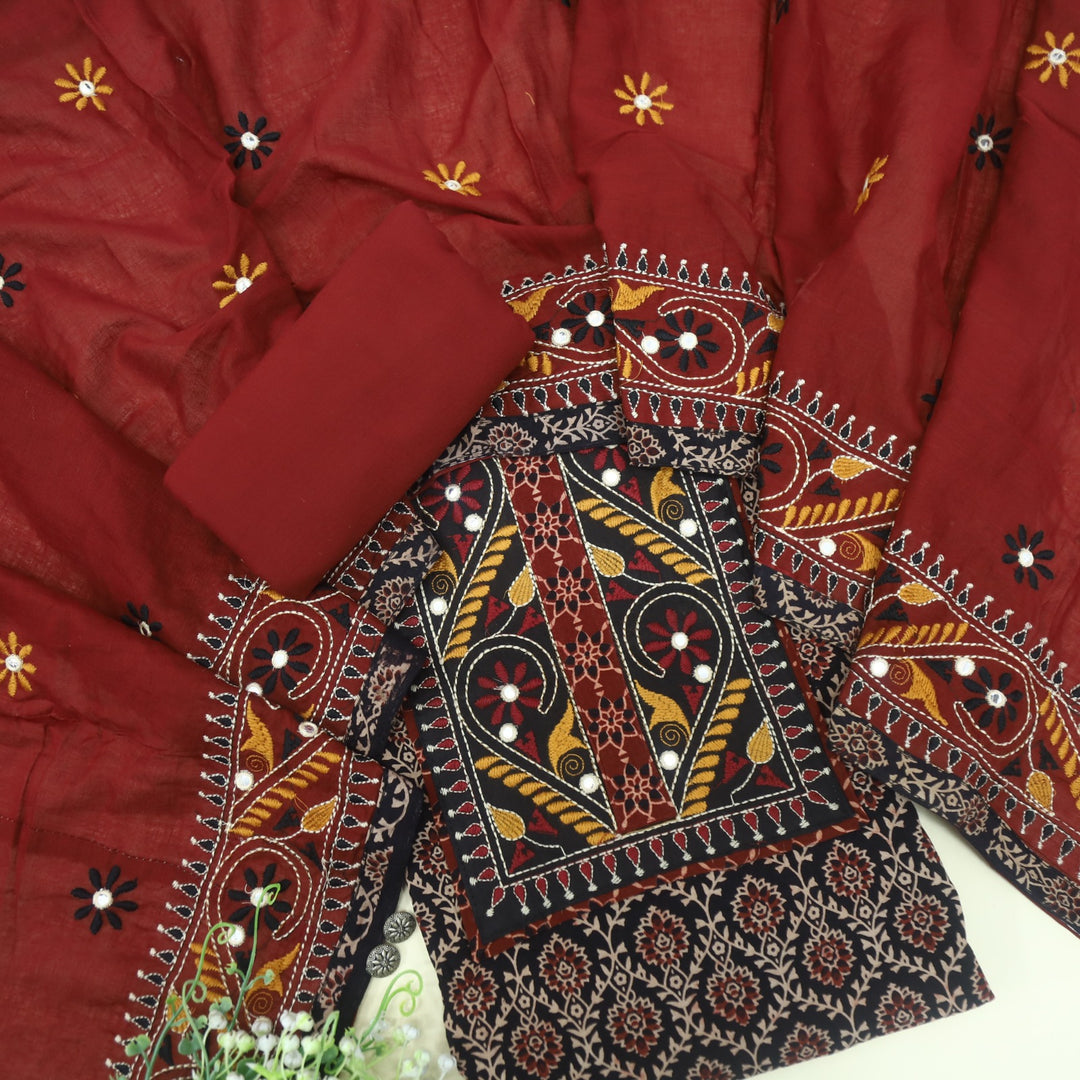 Mayra Oil Black Kutch Mirror Neck Work Cotton Suit Set