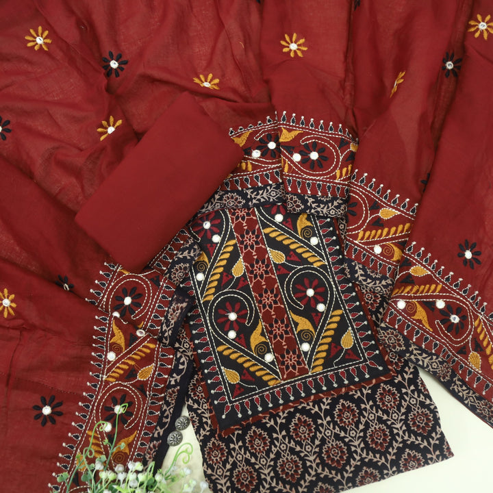 Mayra Oil Black Kutch Mirror Neck Work Cotton Suit Set