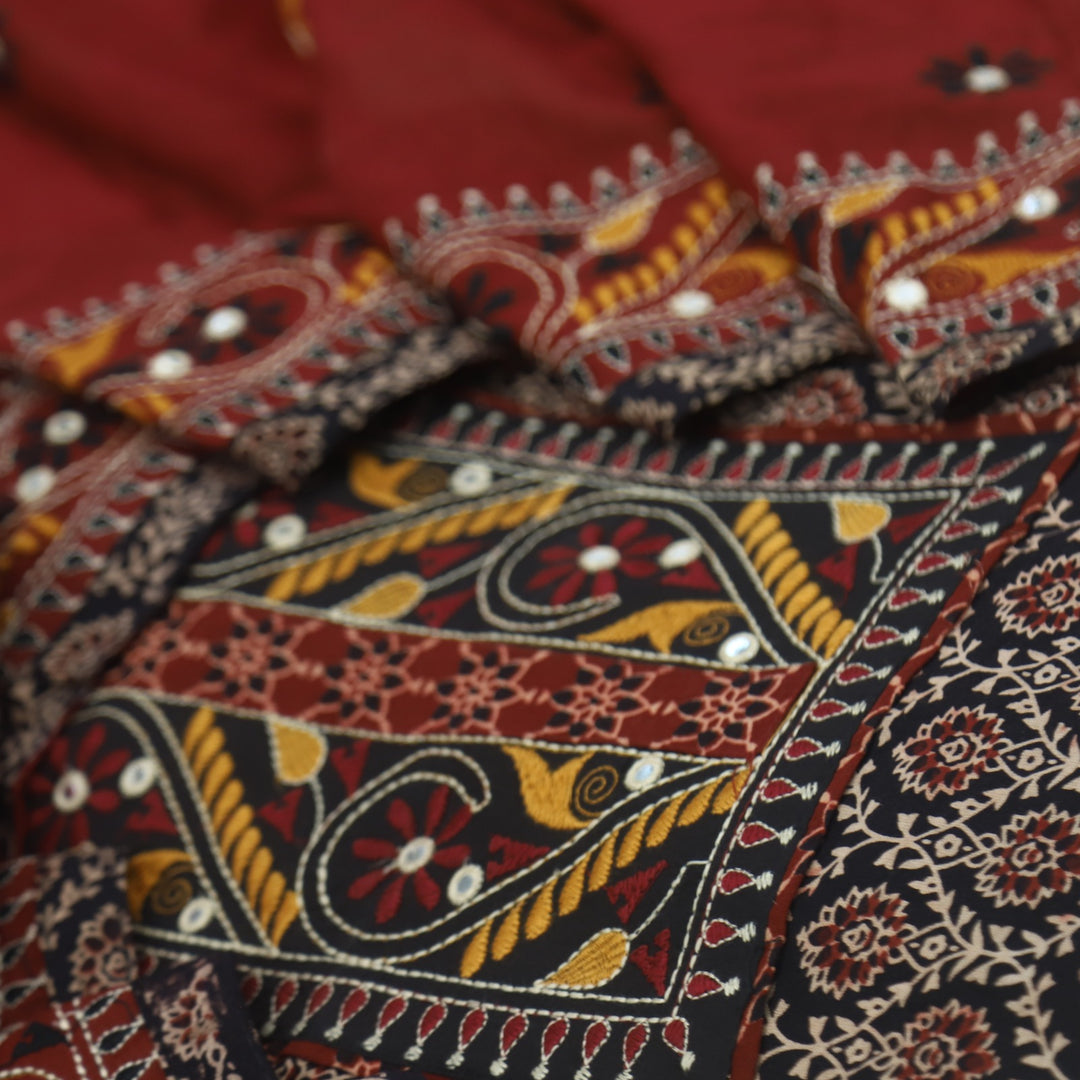 Mayra Oil Black Kutch Mirror Neck Work Cotton Suit Set