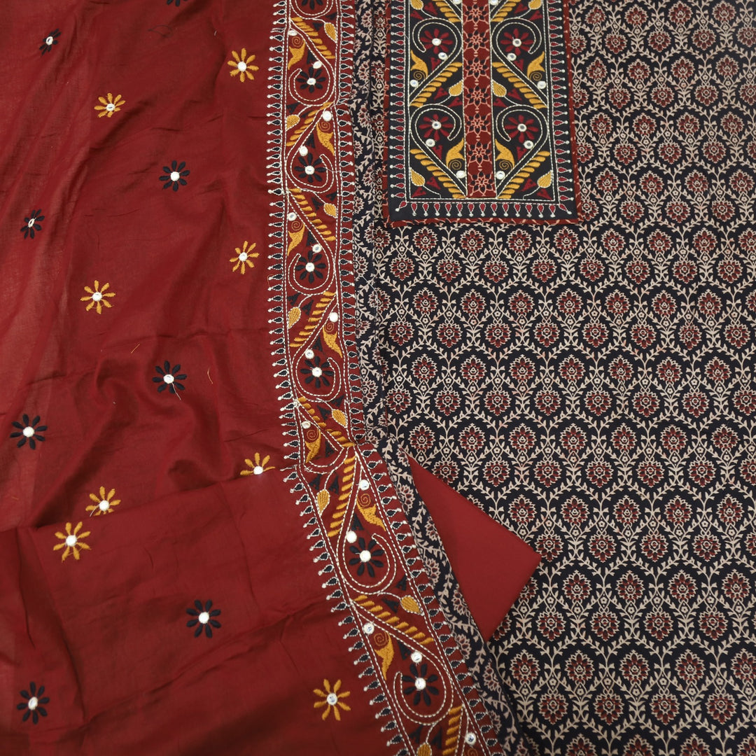 Mayra Oil Black Kutch Mirror Neck Work Cotton Suit Set