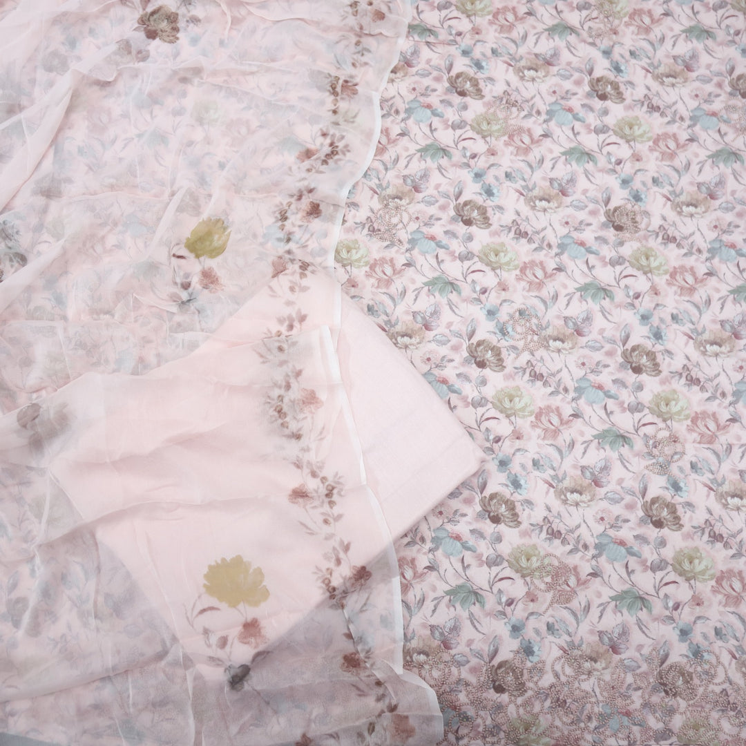 Bahaar Pink Pearl Embroiderey Floral Print Premium Pashmina Suit Set